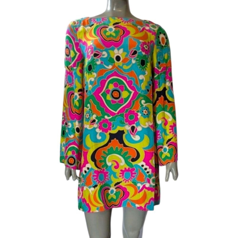Alice & Trixie Colorful Long Sleeve Retro‎ Floral Silk Dress Size Medium - Picture 2 of 7